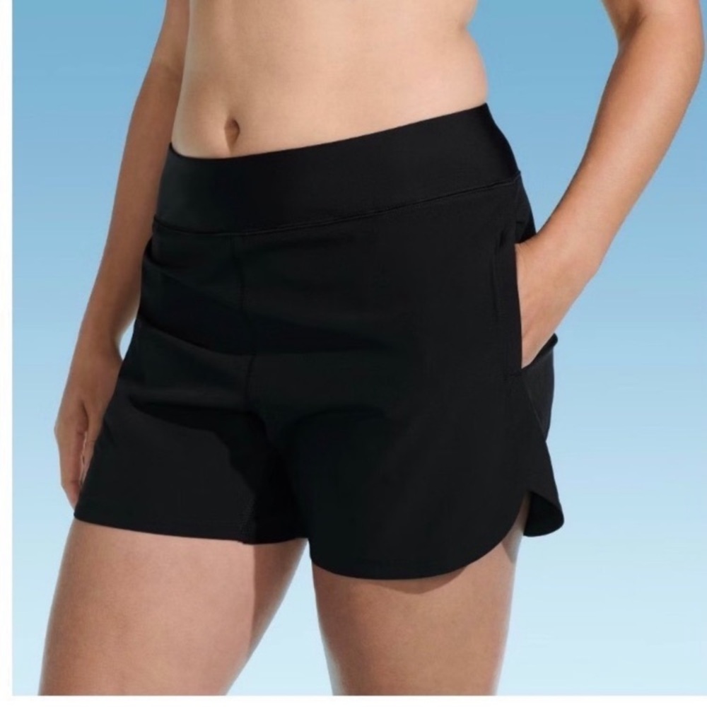 Lands End NWT black highwaist swim shorts board shorts pockets size 10